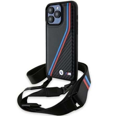 Θήκη κινητού BMW Leather M Edition Carbon Tricolor Lines & Strap for iPhone 15 Pro Max Black