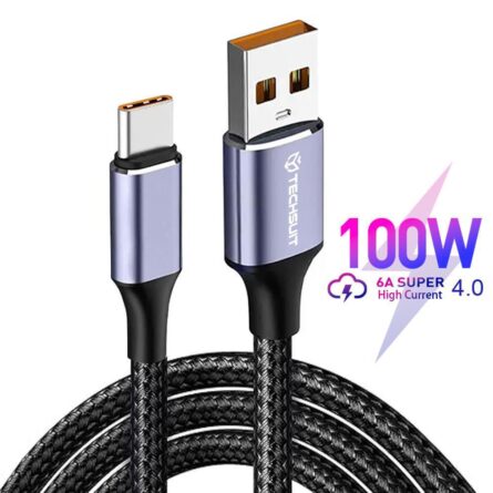 Καλώδιο Techsuit Data USB-A to Type-C, Super Fast Charging, 100W, 480Mbps, 6A, Nylon, Aluminum Alloy, 1m Black