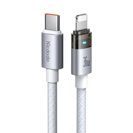 Mcdodo Data Cable with Charging Light, USB-C to Lightning, Transparent Cable, 36W, 1.2m White