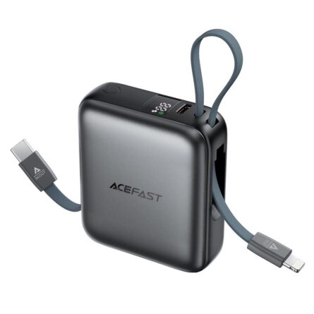 Powerbank Acefast with 2x Built-in Cables, USB-C Port, 10000mAh, 22.5W, Two-Way Fast Charging, LED Gray