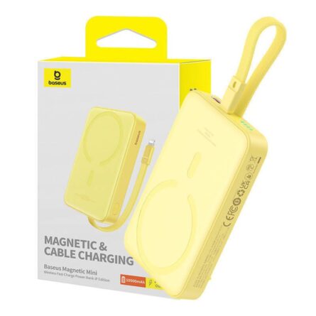 Powerbank Baseus Magnetic Mini 10000mAh 20W MagSafe with built-in Lightning cable+ Baseus Simple Series USB-C -USB-C 60W 0.3m cable Yellow